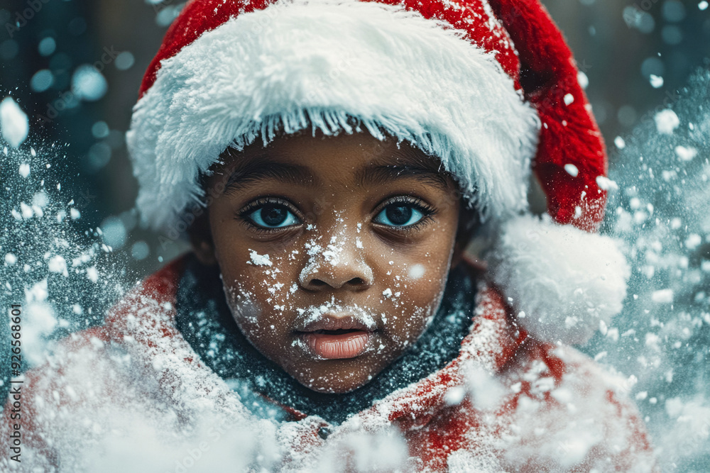 Child in Santa hat looking serious as snow falls around them Child in Santa hat looking serious as snow falls around them