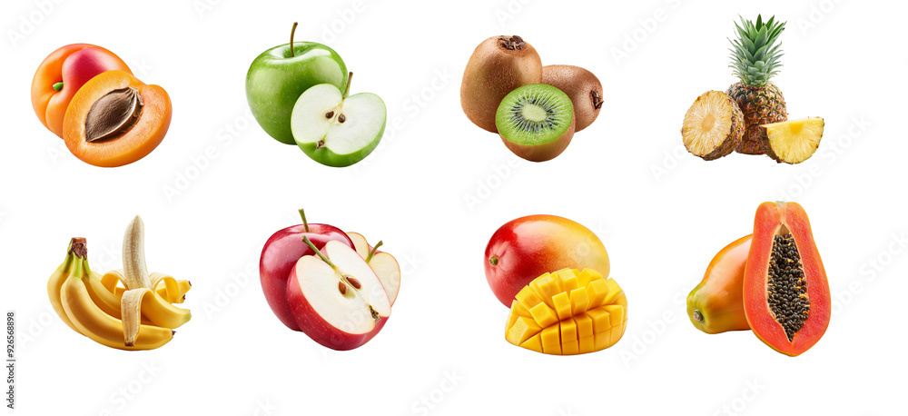 Set of different fruits Apples, kiwi, mango, papaya, pineapple, apricot and pear isolated on transparent background Set of different fruits Apples, kiwi, mango, papaya, pineapple, apricot and pear isolated on transparent background