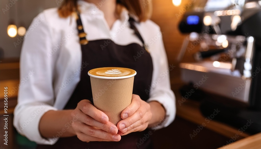 A barista in a uniform holds a hot cappuccino in a white paper cup, ready to go from a coffee shop. A barista in a uniform holds a hot cappuccino in a white paper cup, ready to go from a coffee shop.