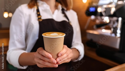 A barista in a uniform holds a hot cappuccino in a white paper cup, ready to go from a coffee shop.