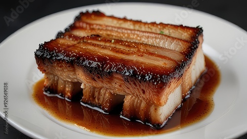 Roast Pork Belly served on a pristine white plate isolated on a white background