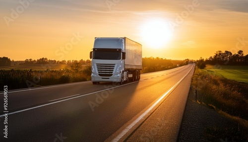 A big truck drives down a highway in the countryside as the sun sets, casting a warm glow over the scene.