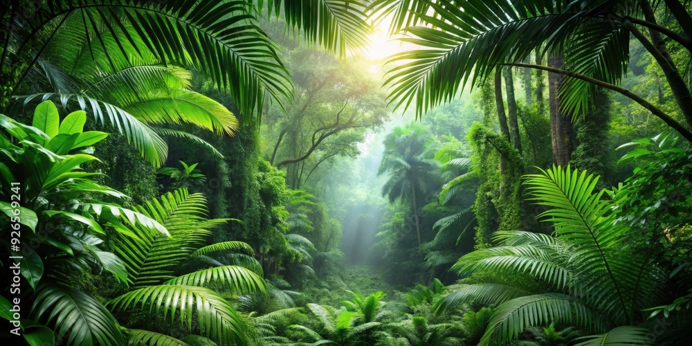 Fototapeta premium Tropical rainforest with lush green leaves, lush, green, tropical, rainforest, foliage, trees, nature, exotic