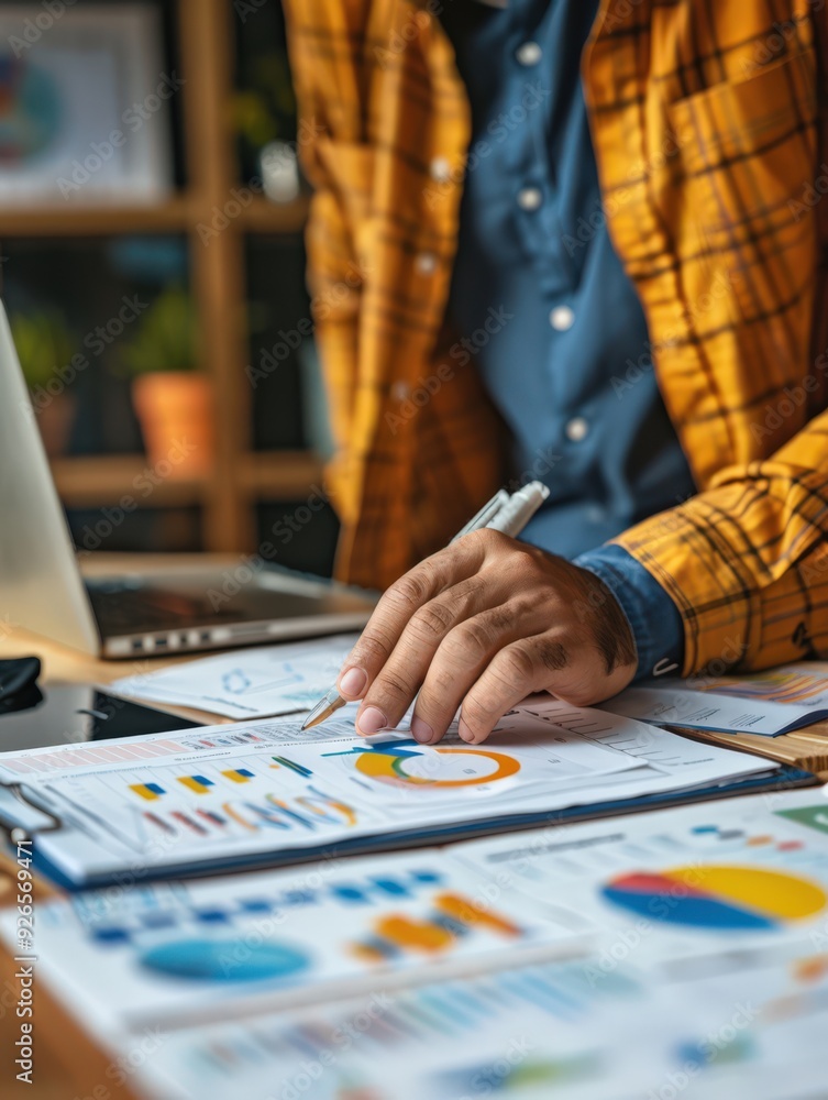 Fototapeta premium Business Professional Analyzing Financial Reports and Data Charts in a Modern Office Setting