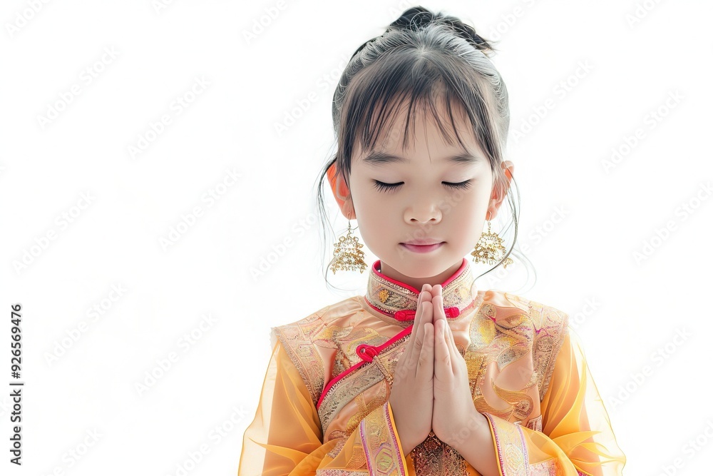 Portrait Asian young female Thailand Ordination Dress with traditional style white background Generative AI Portrait Asian young female Thailand Ordination Dress with traditional style white background Generative AI