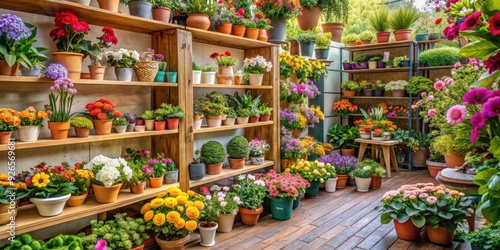 Fototapeta Naklejka Na Ścianę i Meble -  Cozy floral shop with shelves of colorful flowers, potted plants, and garden decorations, floral, shop, cozy