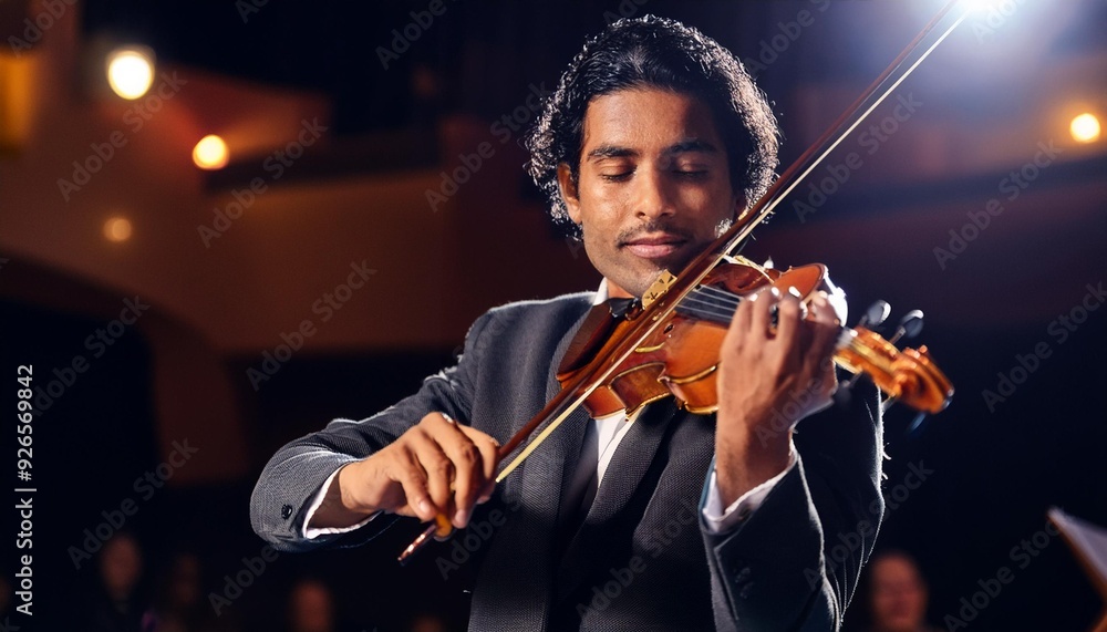 A close-up of a violinist in an orchestra. They're playing their violin on stage during a concert, with a curtain behind them. The orchestra is performing for an audience. A close-up of a violinist in an orchestra. They're playing their violin on stage during a concert, with a curtain behind them. The orchestra is performing for an audience.