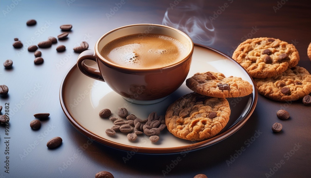 A cup of coffee with cereal and cookies on a plate. A cup of coffee with cereal and cookies on a plate.