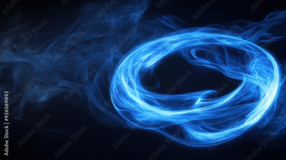 Obraz premium Glowing blue ring made of smoke, swirling in an abstract pattern, creating a sense of mystery and fantasy in the design.