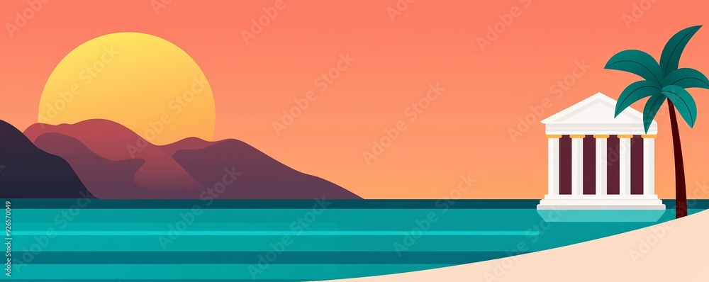 Obraz premium Tranquil bay, cultural relics, serene waters, flat design illustration