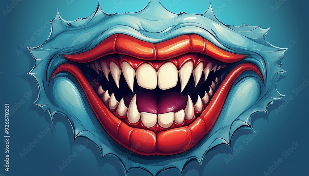 Naklejka premium A funny vampire mouth with sharp teeth on a blue background. Perfect for Halloween cards, banners, prints, and posters.
