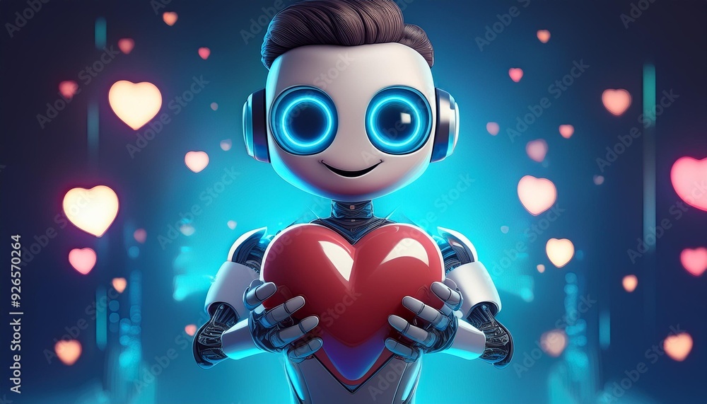 A digital assistant is holding a heart, its eyes are heart-shaped as well. This is a 3D rendered cartoon image showing the advancement of artificial intelligence-based customer support. A digital assistant is holding a heart, its eyes are heart-shaped as well. This is a 3D rendered cartoon image showing the advancement of artificial intelligence-based customer support.