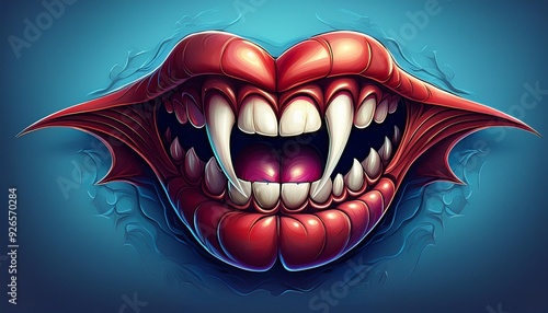 A funny vampire mouth with sharp teeth on a blue background. Perfect for Halloween cards, banners, prints, and posters.