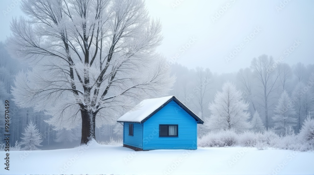Naklejka premium A charming blue cottage stands peacefully amidst a snowy landscape, surrounded by snow-covered trees, embodying the calm beauty of winter.