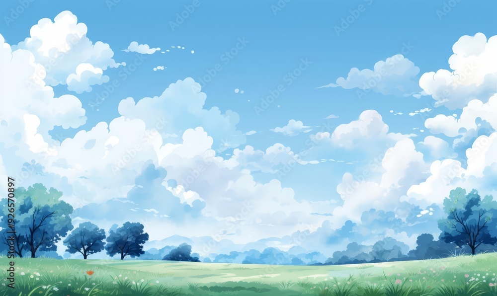 Fototapeta premium Clear sky landscape flat design front view bright day watercolor Complementary Color Scheme