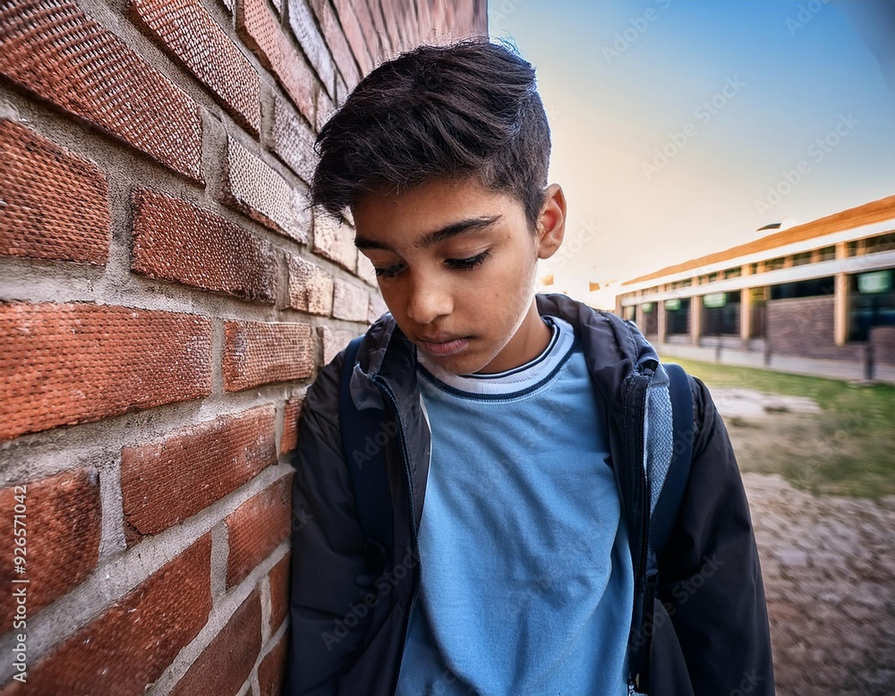 A lonely teenager leans against the old brick wall of his school, his head down and sadness in his eyes. A lonely teenager leans against the old brick wall of his school, his head down and sadness in his eyes.