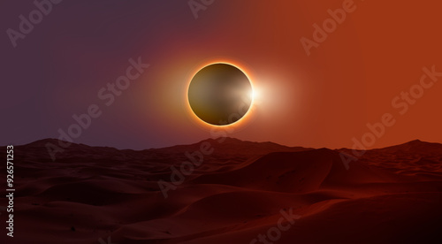 Fototapeta Naklejka Na Ścianę i Meble -  Beautiful sand dunes in the Sahara desert at sunrise with solar eclipse  - Sahara, Morocco