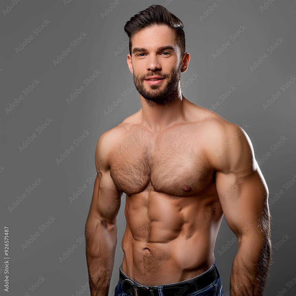 Fototapeta premium A man with a hairy chest standing alone on a gray backdrop, ready for text to be added.