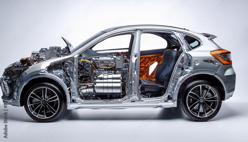 A new car built from spare auto parts not made by car manufacturers, ready for sale at auto repair shops. Photographed against a white backdrop. A new car built from spare auto parts not made by car manufacturers, ready for sale at auto repair shops. Photographed against a white backdrop.