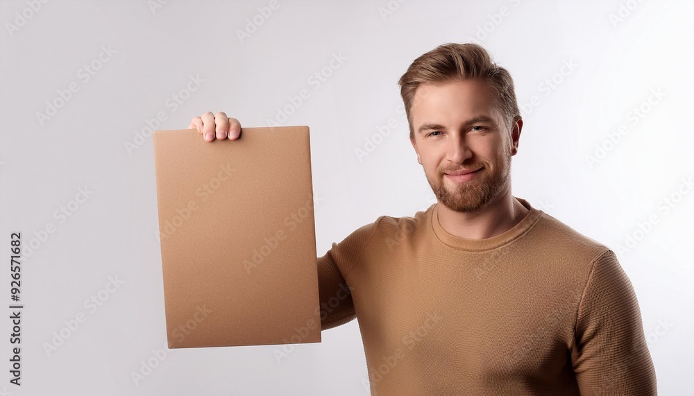 A person is holding a brown paper on a white background. A person is holding a brown paper on a white background.
