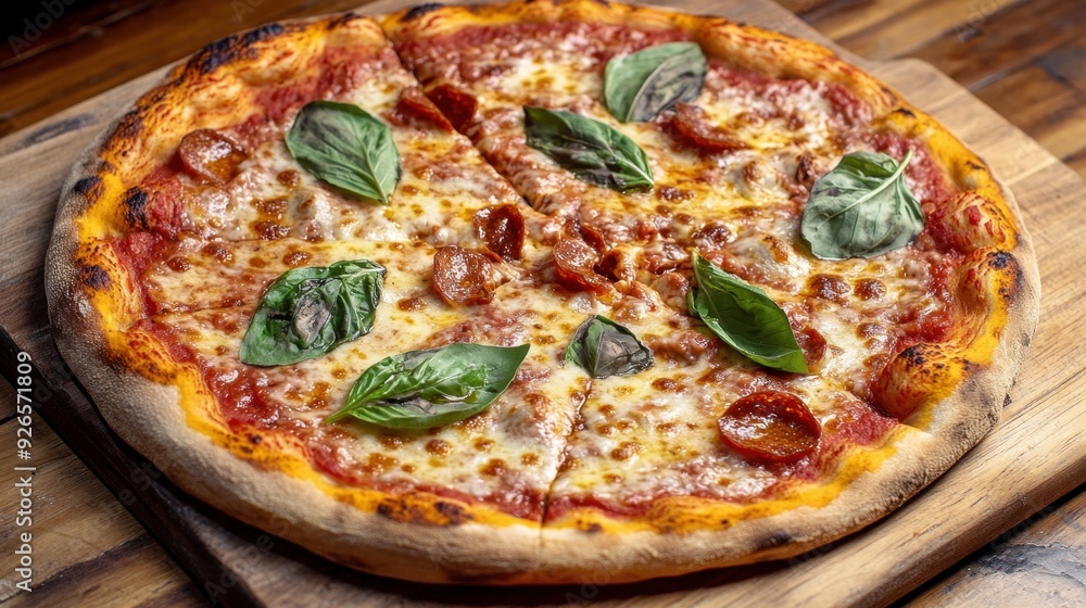 Traditional Italian pizza on a rustic wooden cutting board, featuring fresh ingredients and a delicious, golden crust. Mouth-watering and visually inviting. Traditional Italian pizza on a rustic wooden cutting board, featuring fresh ingredients and a delicious, golden crust. Mouth-watering and visually inviting.