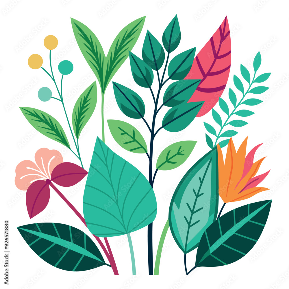Fototapeta premium Lush Plants and Leaves Vector Design Illustration