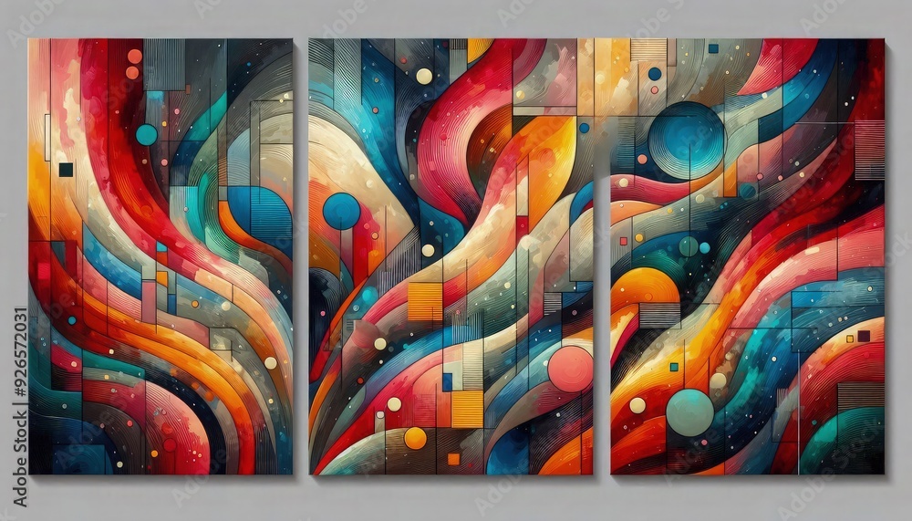 Fototapeta premium HD triptych art of abstract color splashes, bold and vibrant hues, geometric shapes, modern art, acrylic on canvas