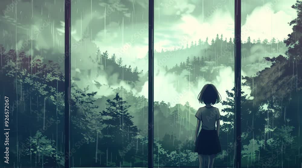A girl gazing out of her window at a forest valley, surrounded by a cold ambiance, creating a peaceful and introspective atmosphere Seamless looping 4k time-lapse virtual video animation Generated AI A girl gazing out of her window at a forest valley, surrounded by a cold ambiance, creating a peaceful and introspective atmosphere Seamless looping 4k time-lapse virtual video animation Generated AI