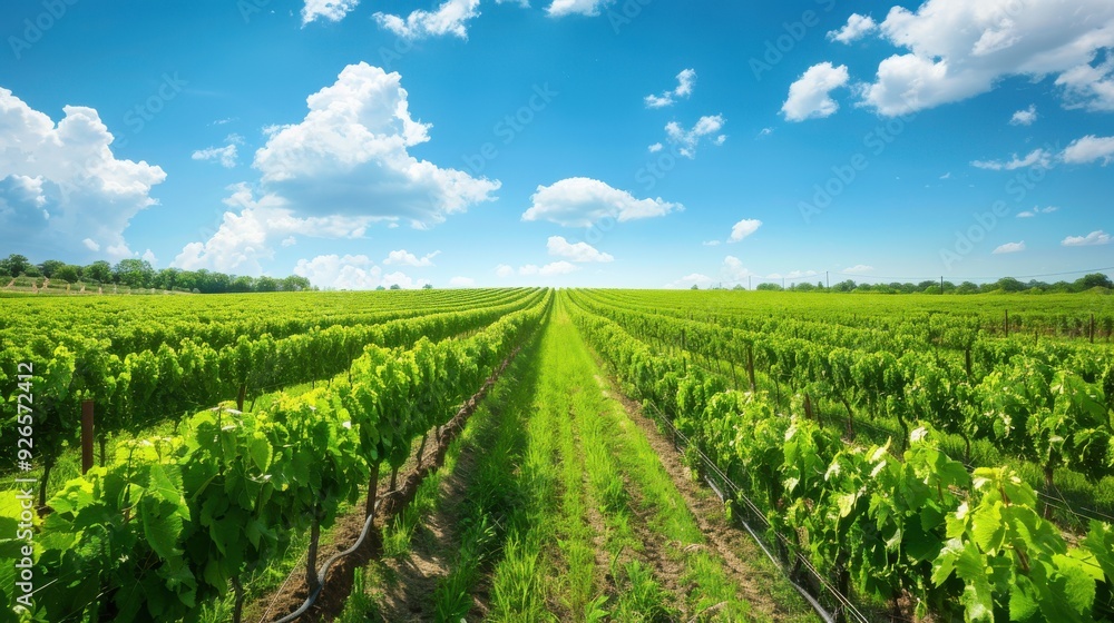 A lush green plantation with rows of healthy crops stretching into the distance, the bright green leaves glistening under the sunlight, and a clear blue sky overhead, symbolizing growth and abundance A lush green plantation with rows of healthy crops stretching into the distance, the bright green leaves glistening under the sunlight, and a clear blue sky overhead, symbolizing growth and abundance