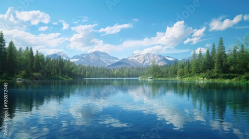 A serene landscape with a calm lake surrounded by dense forest, mountains in the distance, and a clear blue sky overhead, creating a perfect setting for relaxation and reflection