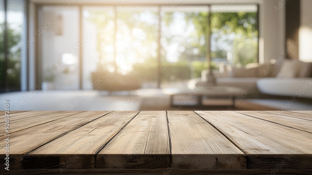 Wooden tabletop in sharp focus with a blurred, cozy interior of a modern home in the background. Light and airy ambiance.