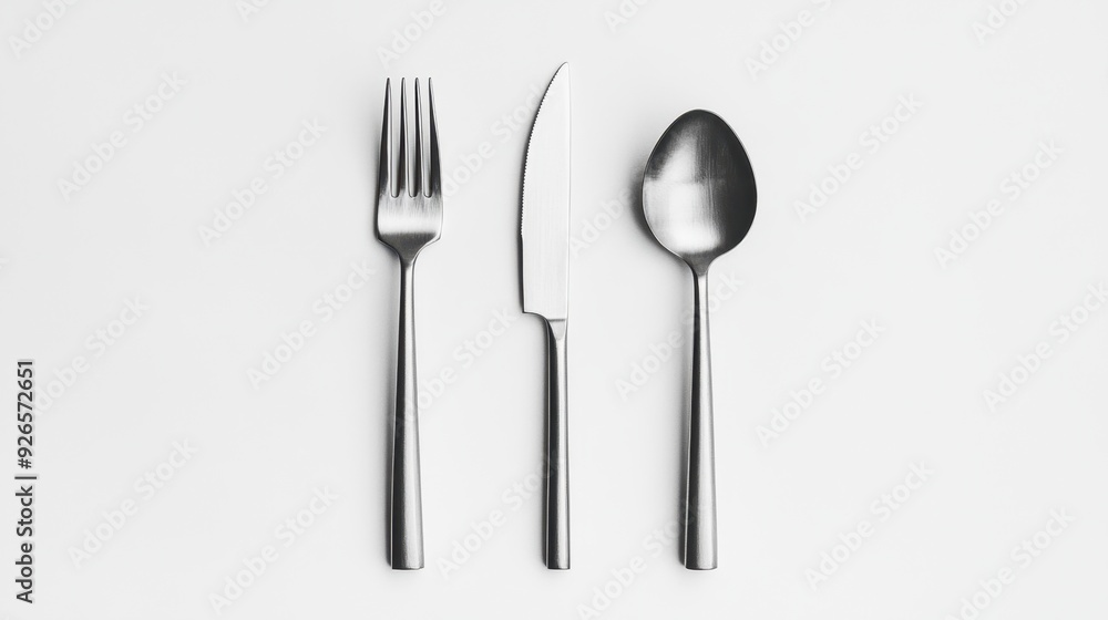 Set of fork, spoon, and knife isolated on a pristine white background in a minimalist composition, emphasizing elegance and simplicity. Set of fork, spoon, and knife isolated on a pristine white background in a minimalist composition, emphasizing elegance and simplicity.