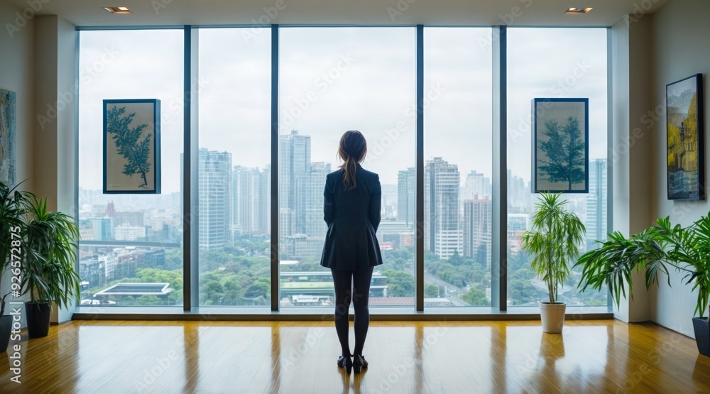 A woman stands in a room with a panoramic view of a city skyline through floor-to-ceiling windows. A woman stands in a room with a panoramic view of a city skyline through floor-to-ceiling windows.