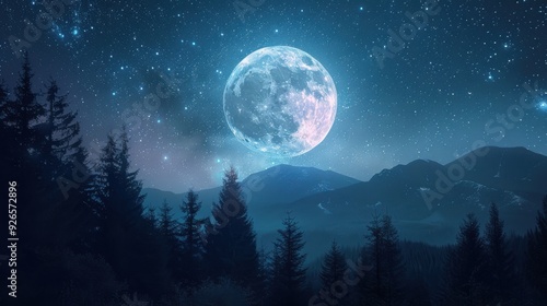 A captivating night background with a clear starry sky, a full moon casting a soft glow, and silhouettes of trees and mountains creating a tranquil and mysterious ambiance