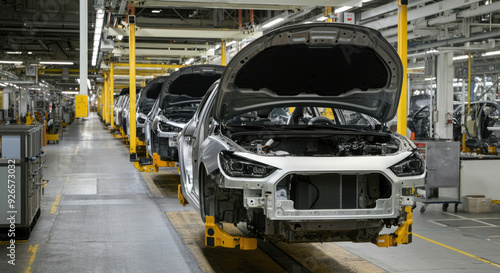 Mass production assembly line of modern cars in a factory.