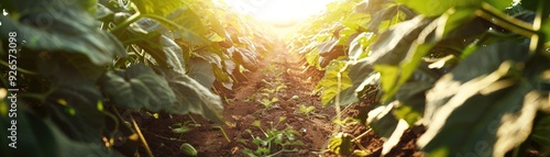 Sunlight filters through lush green foliage, creating a dappled effect.