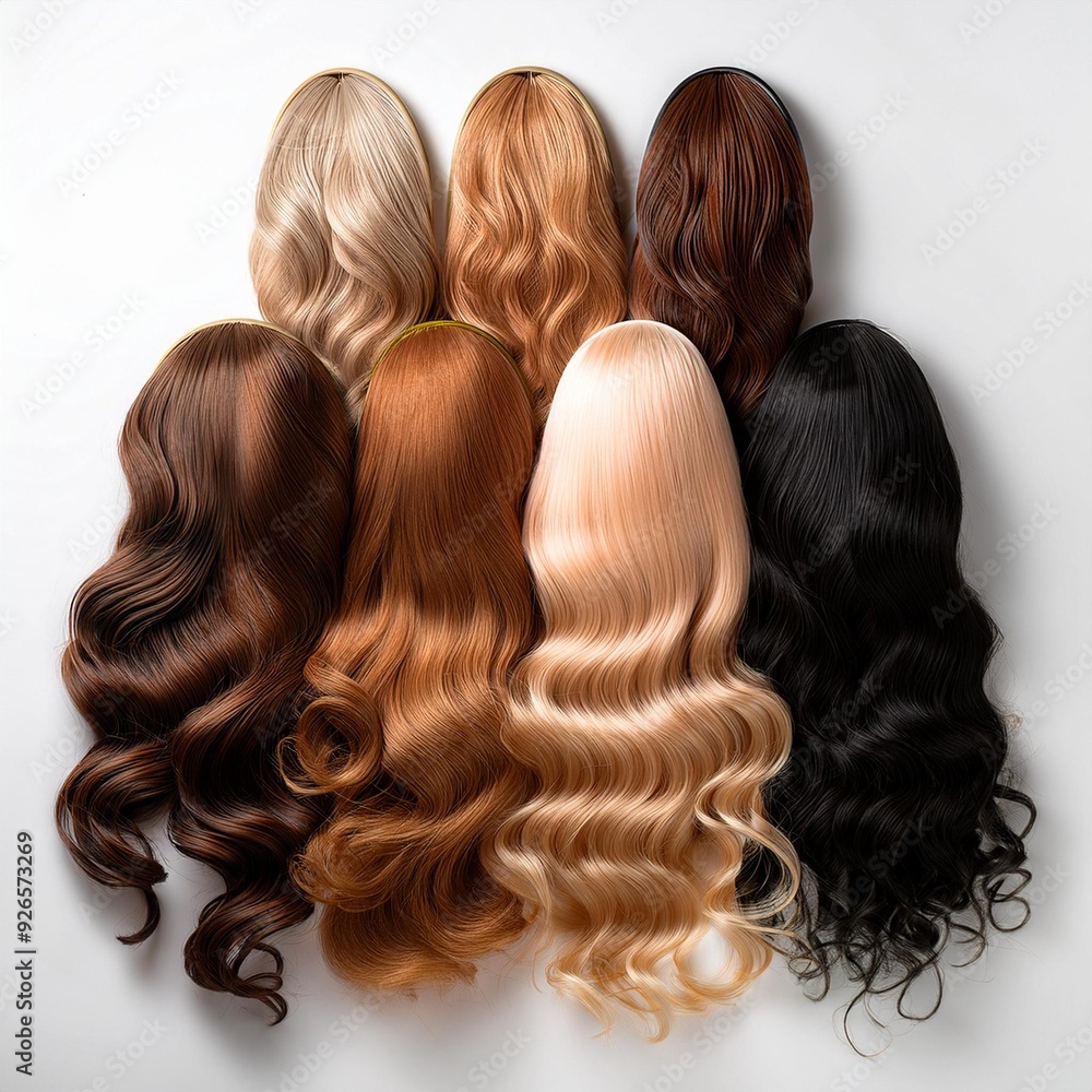 A variety of long and curly wigs arranged on a white surface. A variety of long and curly wigs arranged on a white surface.