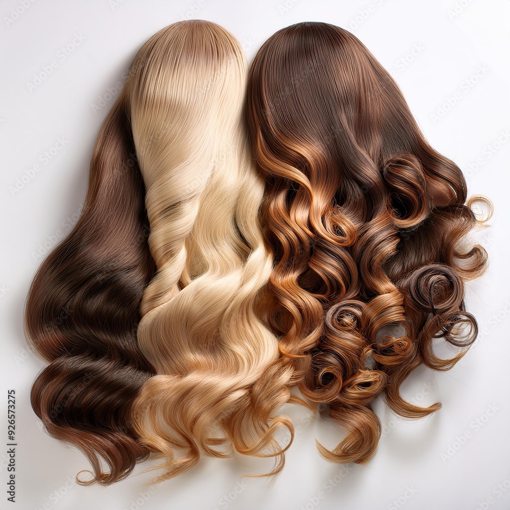 A variety of long and curly wigs arranged on a white surface. A variety of long and curly wigs arranged on a white surface.