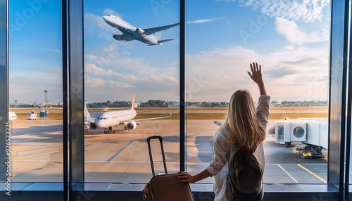A traveler watches an airplane take off from the airport window. He waves goodbye to the people on the plane.