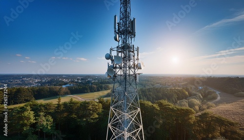 A tall metal tower used by phone and internet companies to send and receive signals. It has antennas for TV, wireless internet, and other communication devices.