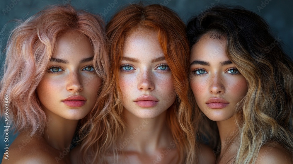 Four women with distinct hair colors and styles express beauty and diversity, their captivating features highlighted against a soft backdrop