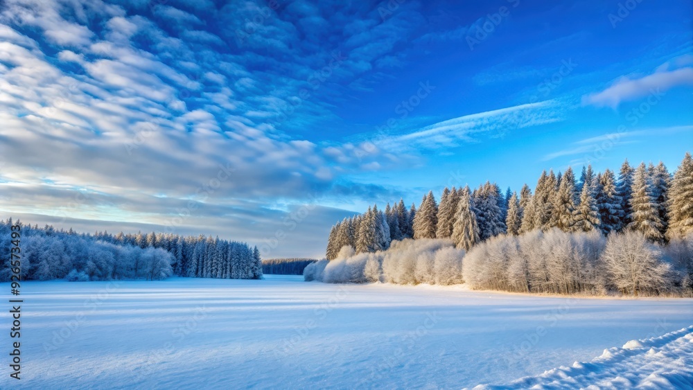 Rural winter landscape with blue sky, snowy field, and dense forest, winter, landscape, rural, blue sky, snowy, field, forest