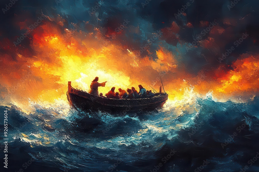 stylized illustration of jesus guiding fishermen on stormy sea vibrant colors and dynamic brushstrokes convey divine intervention stylized illustration of jesus guiding fishermen on stormy sea vibrant colors and dynamic brushstrokes convey divine intervention