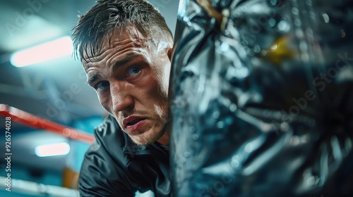 A sportsman training with a punching bag, emphasizing power and technique (close up, boxing theme, realistic, manipulation, gym backdrop)