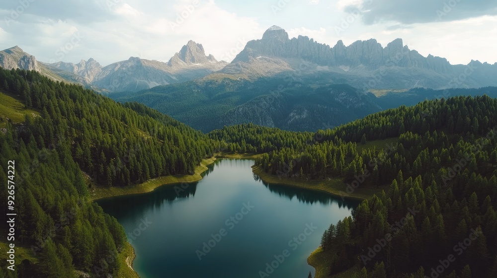Aerial view of Lago Antorno in the Dolomites, showcasing the serene lake surrounded by majestic Alps peaks and lush greenery, offering a breathtaking mountain landscape. Aerial view of Lago Antorno in the Dolomites, showcasing the serene lake surrounded by majestic Alps peaks and lush greenery, offering a breathtaking mountain landscape.
