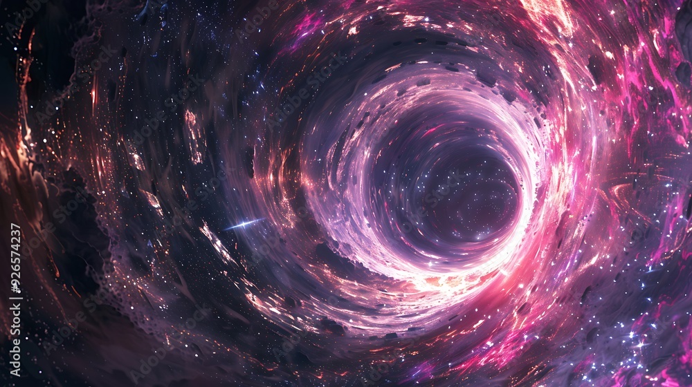 A black hole acting as a cosmic gateway, with vibrant light and swirling colors around the event horizon, seen from a distant planet, showcasing the powerful and mesmerizing nature of this portal. A black hole acting as a cosmic gateway, with vibrant light and swirling colors around the event horizon, seen from a distant planet, showcasing the powerful and mesmerizing nature of this portal.