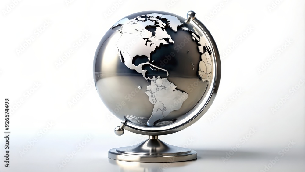 Elegant steel chrome globe on a white background, elegant, steel, chrome, globe, shiny, metallic, decoration