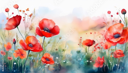 Wallpaper Mural Abstract summer garden illustration watercolor art nature background red poppy blooming floral flowers flora Torontodigital.ca