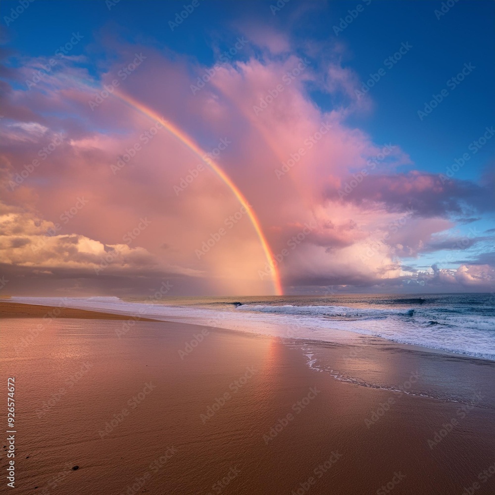 After the rain, the beautiful rainbow paints the sky. It's a stunning sight against the pink clouds. Enjoy the sunrise view on the beach. After the rain, the beautiful rainbow paints the sky. It's a stunning sight against the pink clouds. Enjoy the sunrise view on the beach.