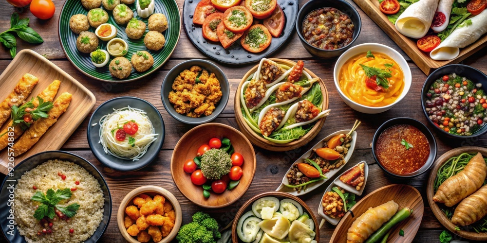 An eclectic collage of dishes from around the world, including sushi, pasta, tacos, curry, dumplings, falafel, and more An eclectic collage of dishes from around the world, including sushi, pasta, tacos, curry, dumplings, falafel, and more